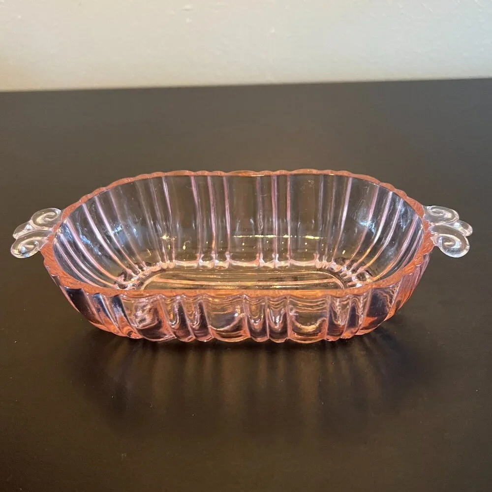 Vintage Anchor Hocking Old Cafe Pink Depression Glass Oval Relish Serving Dish